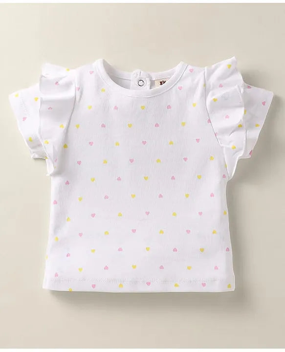 ToffyHouse Knit Half Sleeves Heart Printed Top & Checks Skirt With Waistcoat & Bow Applique - Multicolor