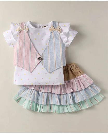 ToffyHouse Knit Half Sleeves Heart Printed Top & Striped Skirt With Waistcoat & Bow Applique - Multicolor