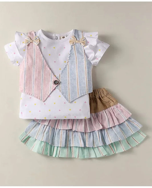 ToffyHouse Knit Half Sleeves Heart Printed Top & Striped Skirt With Waistcoat & Bow Applique - Multicolor