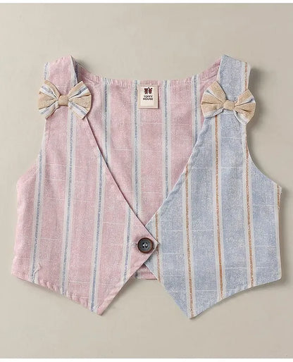 ToffyHouse Knit Half Sleeves Heart Printed Top & Striped Skirt With Waistcoat & Bow Applique - Multicolor