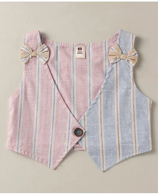 ToffyHouse Knit Half Sleeves Heart Printed Top & Striped Skirt With Waistcoat & Bow Applique - Multicolor