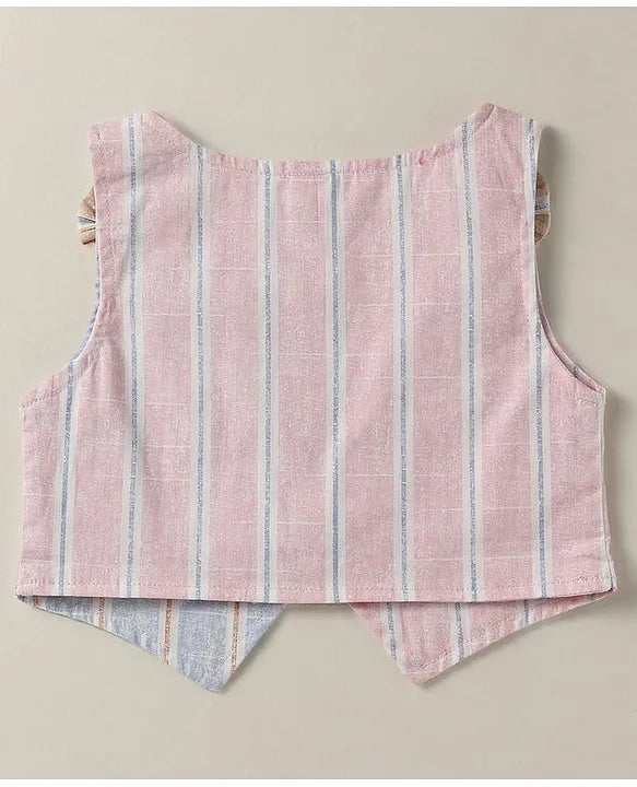 ToffyHouse Knit Half Sleeves Heart Printed Top & Striped Skirt With Waistcoat & Bow Applique - Multicolor