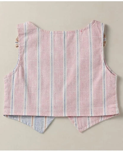 ToffyHouse Knit Half Sleeves Heart Printed Top & Striped Skirt With Waistcoat & Bow Applique - Multicolor
