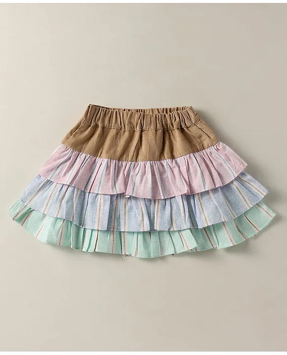 ToffyHouse Knit Half Sleeves Heart Printed Top & Striped Skirt With Waistcoat & Bow Applique - Multicolor