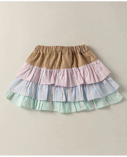 ToffyHouse Knit Half Sleeves Heart Printed Top & Striped Skirt With Waistcoat & Bow Applique - Multicolor