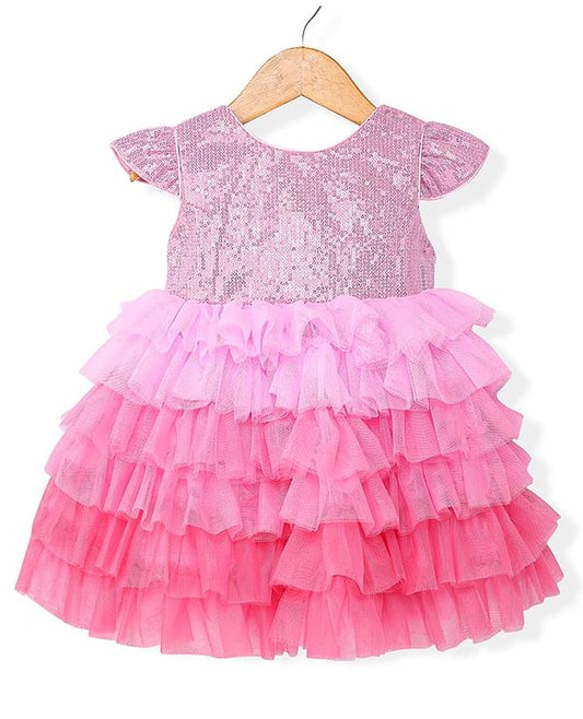 ToffyHouse Knit Cap Sleeves Party Frock with Sequines - Pink