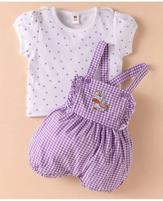 ToffyHouse Half Sleeves Star Print T-Shirt With Checked Dungaree - Purple