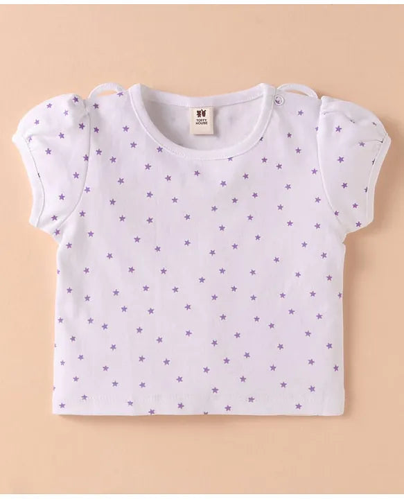 ToffyHouse Half Sleeves Star Print T-Shirt With Checked Dungaree - Purple