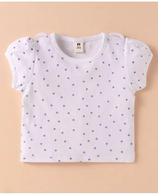 ToffyHouse Half Sleeves Star Print T-Shirt With Checked Dungaree - Purple