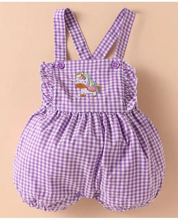 ToffyHouse Half Sleeves Star Print T-Shirt With Checked Dungaree - Purple