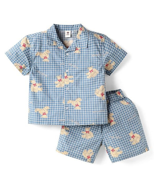 ToffyHouse Half Sleeves Shirt & Shorts Co-Ord Set With Teddy Bear Print - Light Blue