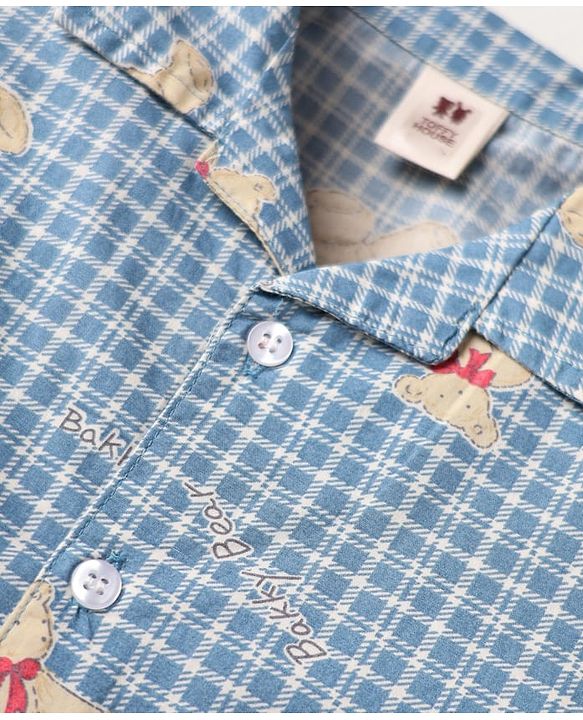 ToffyHouse Half Sleeves Shirt & Shorts Co-Ord Set With Teddy Bear Print - Light Blue