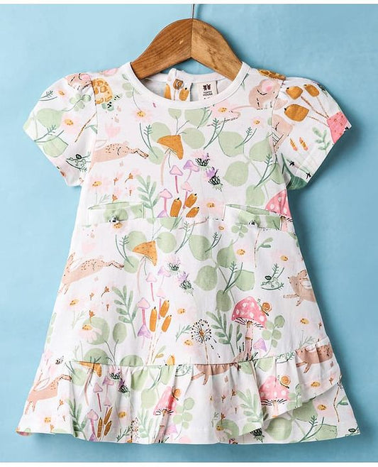 ToffyHouse  Half Puffed Sleeves Frock with Jungle Theme Print - Offwhite