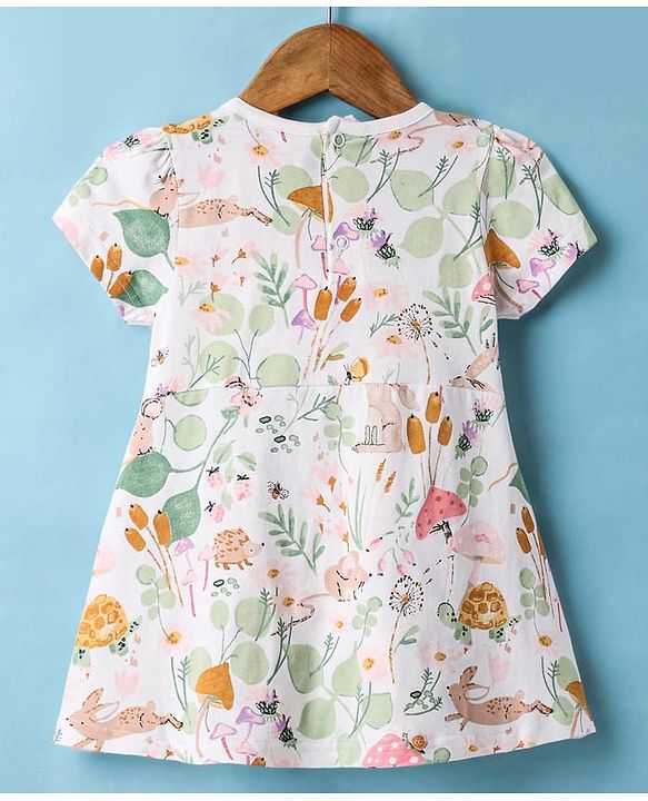 ToffyHouse  Half Puffed Sleeves Frock with Jungle Theme Print - Offwhite