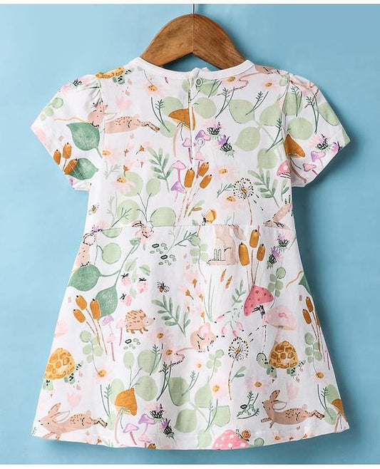 ToffyHouse  Half Puffed Sleeves Frock with Jungle Theme Print - Offwhite