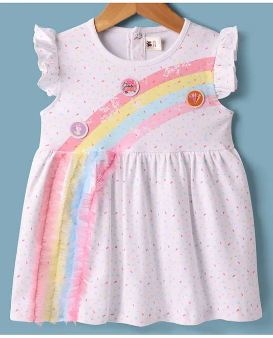ToffyHouse Single Jersey Knit Frill Sleeves Dress With Rainbow Print & Patch Detailing - White
