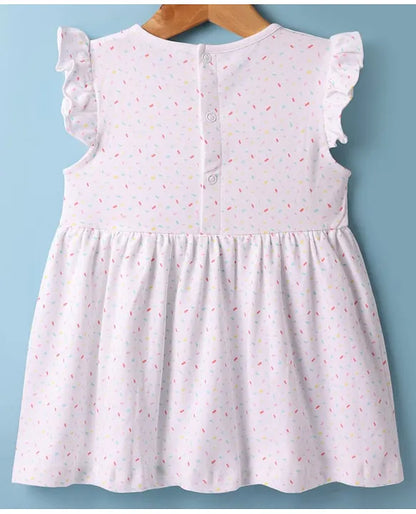 ToffyHouse Single Jersey Knit Frill Sleeves Dress With Rainbow Print & Patch Detailing - White