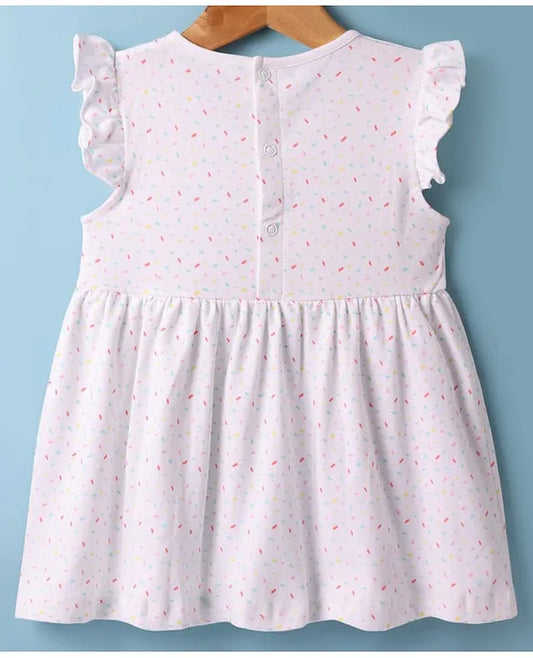 ToffyHouse Single Jersey Knit Frill Sleeves Dress With Rainbow Print & Patch Detailing - White