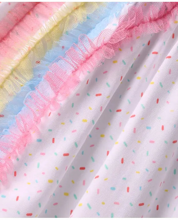 ToffyHouse Single Jersey Knit Frill Sleeves Dress With Rainbow Print & Patch Detailing - White