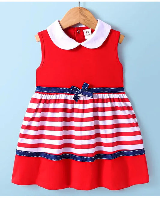 ToffyHouse Single Jersey Knit Sleeveless Peter Pan Collared Frock with Stripes - Red