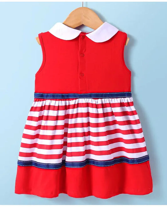 ToffyHouse Single Jersey Knit Sleeveless Peter Pan Collared Frock with Stripes - Red