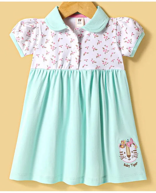 ToffyHouse Interlock Knit Half Puffed Sleeves Frock with Floral Print & Cub Embroidery - Sea Green