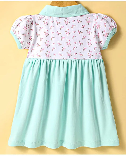 ToffyHouse Interlock Knit Half Puffed Sleeves Frock with Floral Print & Cub Embroidery - Sea Green