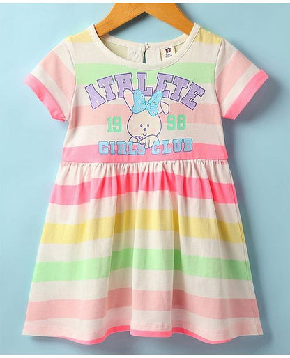 ToffyHouse Single Jersey Knit Half Sleeves Striped Frock With Bunny Print - Off White