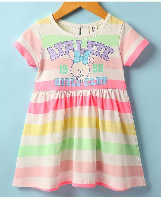 ToffyHouse Single Jersey Knit Half Sleeves Striped Frock With Bunny Print - Off White