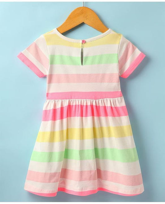 ToffyHouse Single Jersey Knit Half Sleeves Striped Frock With Bunny Print - Off White