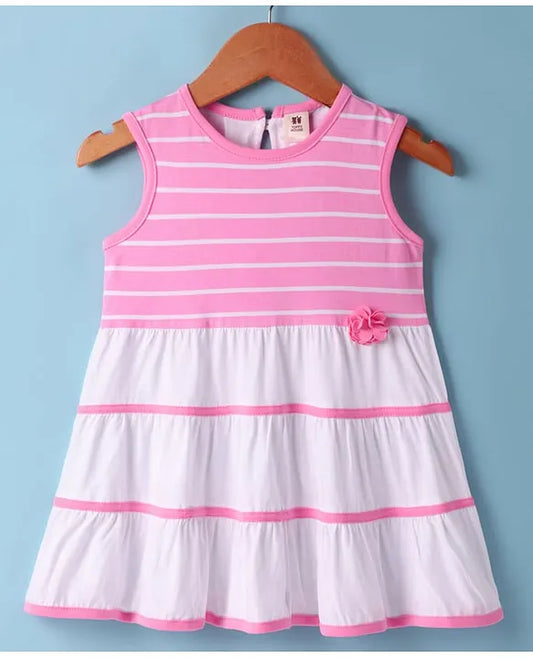 ToffyHouse Single Jersey Knit Sleeveless Frock with Stripes & Floral Applique - Pink