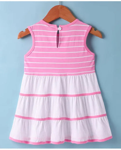 ToffyHouse Single Jersey Knit Sleeveless Frock with Stripes & Floral Applique - Pink