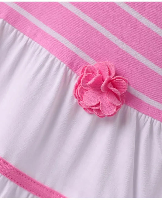 ToffyHouse Single Jersey Knit Sleeveless Frock with Stripes & Floral Applique - Pink