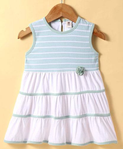 ToffyHouse  Sleeveless  Frock with Floral Applique & Tape Detailing - White & Mint