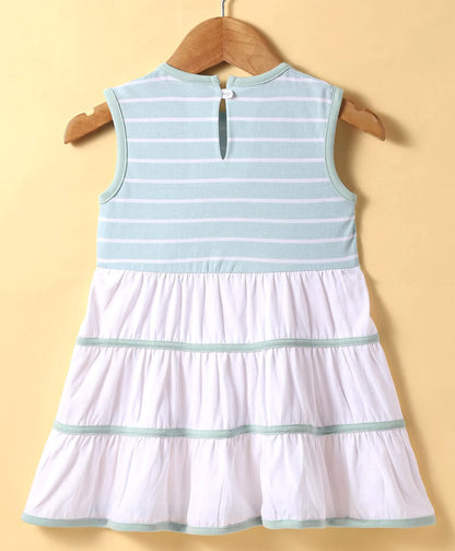 ToffyHouse  Sleeveless  Frock with Floral Applique & Tape Detailing - White & Mint