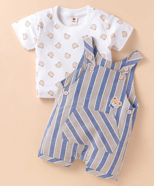ToffyHouse Half Sleeves T-Shirt and Dungree Set  - White & Navy Blue