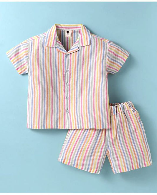 ToffyHouse Cotton Woven Half Sleeves Striped Shirt & Shorts Set - Multicolor