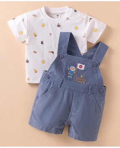 ToffyHouse Interlock Knit Half Sleeves T-Shirt & Dungaree with Space Theme Print & Embroidery - White & Navy Blue
