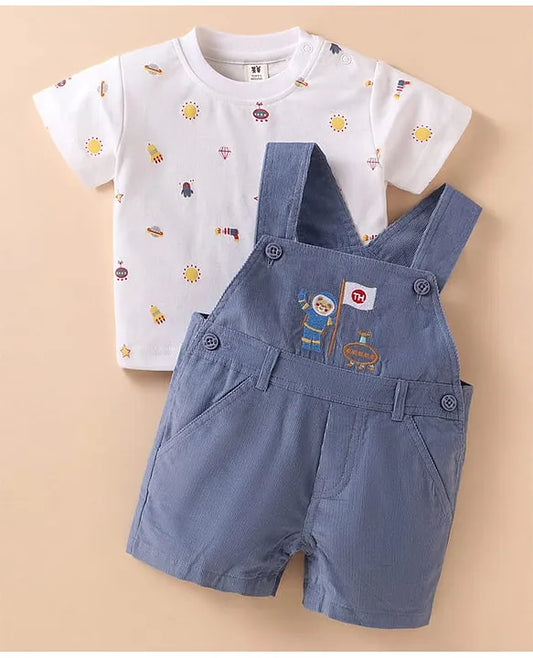 ToffyHouse Interlock Knit Half Sleeves T-Shirt & Dungaree with Space Theme Print & Embroidery - White & Navy Blue