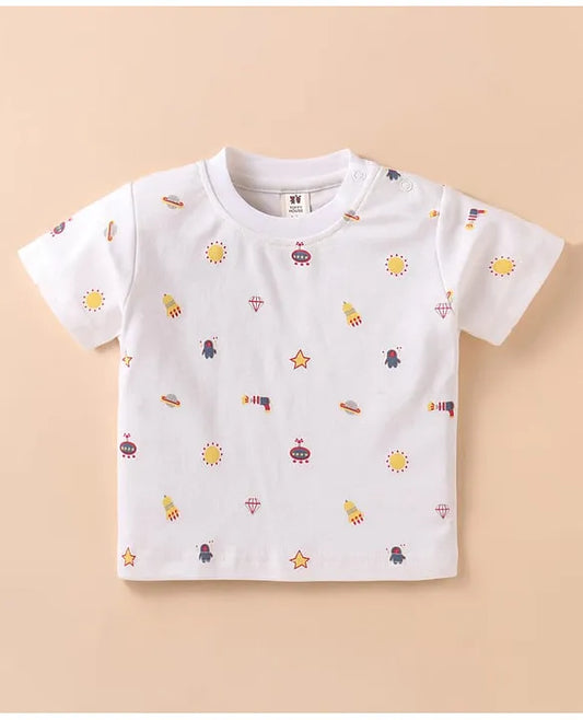 ToffyHouse Interlock Knit Half Sleeves T-Shirt & Dungaree with Space Theme Print & Embroidery - White & Navy Blue