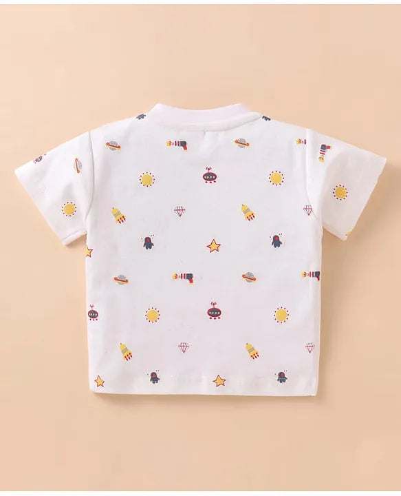 ToffyHouse Interlock Knit Half Sleeves T-Shirt & Dungaree with Space Theme Print & Embroidery - White & Navy Blue