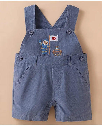 ToffyHouse Interlock Knit Half Sleeves T-Shirt & Dungaree with Space Theme Print & Embroidery - White & Navy Blue