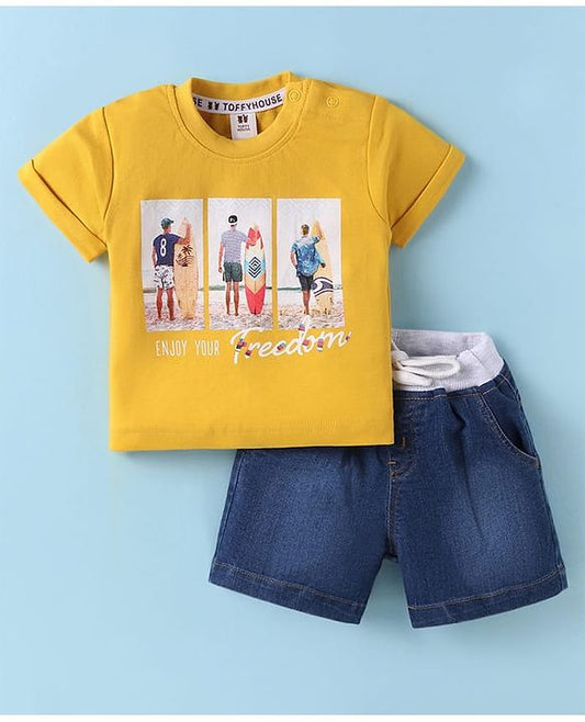 ToffyHouse Half Sleeves  Set with Beach Theme Print - Yellow