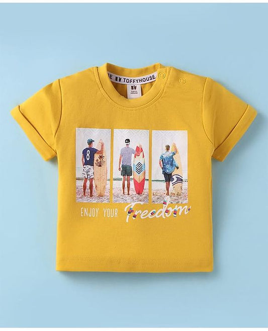 ToffyHouse Half Sleeves  Set with Beach Theme Print - Yellow