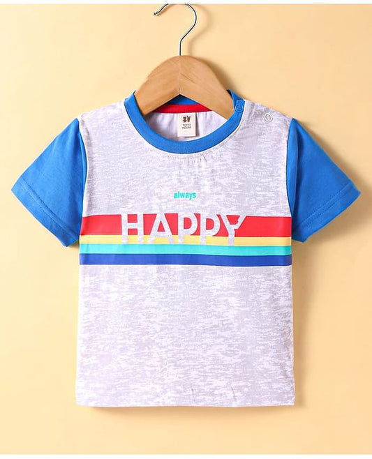 ToffyHouse  Half Sleeves T-Shirt with Text Print & Stripes - Light Grey