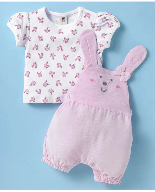ToffyHouse Corduroy Dungaree with Half Sleeves Inner Tee Bunny Print - Light Pink