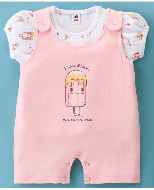 ToffyHouse Dungaree Style Romper with Half Sleeves T-Shirt Ice Cream Print - Pink