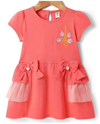 ToffyHouse Half Sleeves Dress With Floral Embroidery & Bow Applique - Coral Pink