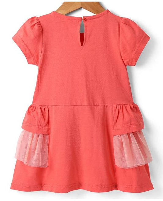 ToffyHouse Half Sleeves Dress With Floral Embroidery & Bow Applique - Coral Pink