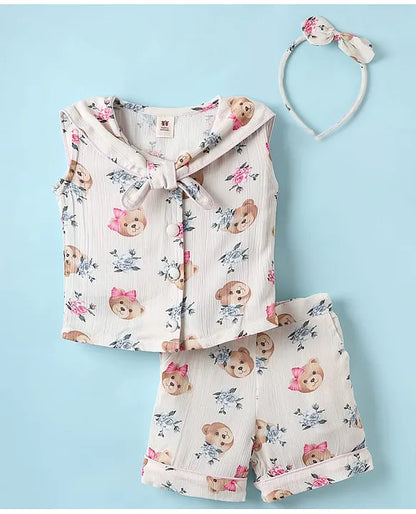 ToffyHouse Cotton Woven Sleeveless Sailor Collar Neck Top & Shorts Co-ord Set With Animal Print & Headband - White